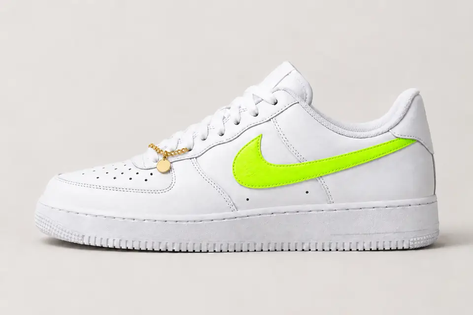 Air Force 1 Chaîne Or Swoosh Peint coloris fluo et jaune, vue de profil