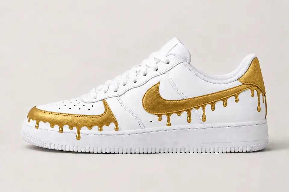 Air Force 1 Daim Drip coloris or, vue de profil
