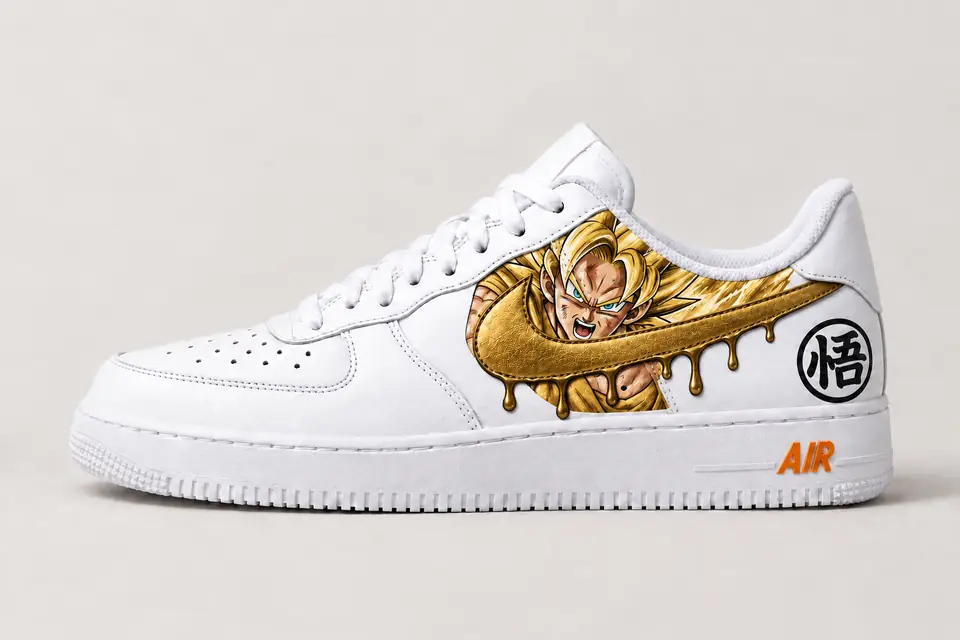 Air Force 1 Dragon Ball Drip coloris or, vue de profil