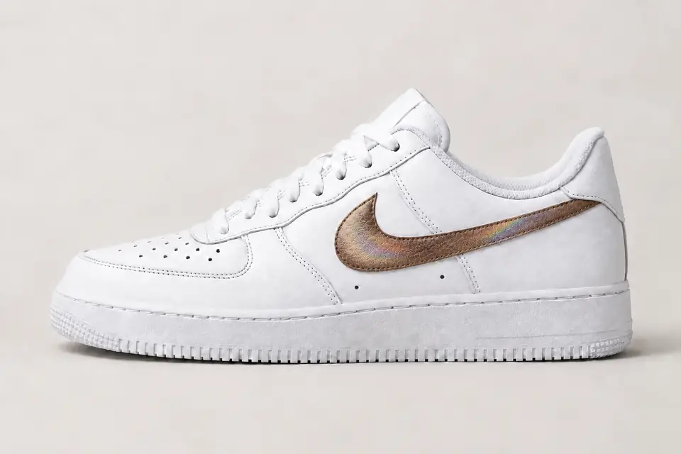Air Force 1 Iridescent Swoosh coloris beige et marron, vue de profil