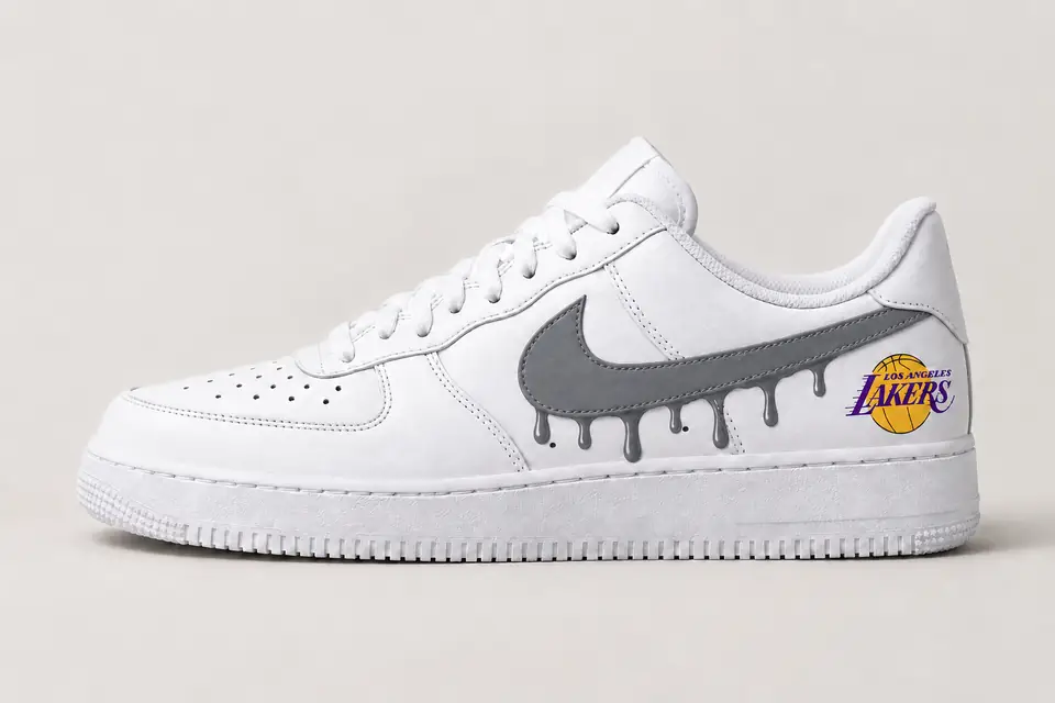 Air Force 1 Lakers Drip coloris gris, vue de profil