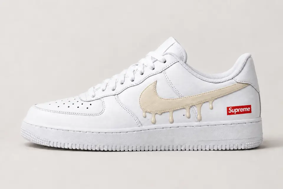 Air Force 1 Supreme Drip coloris beige et blanc, vue de profil
