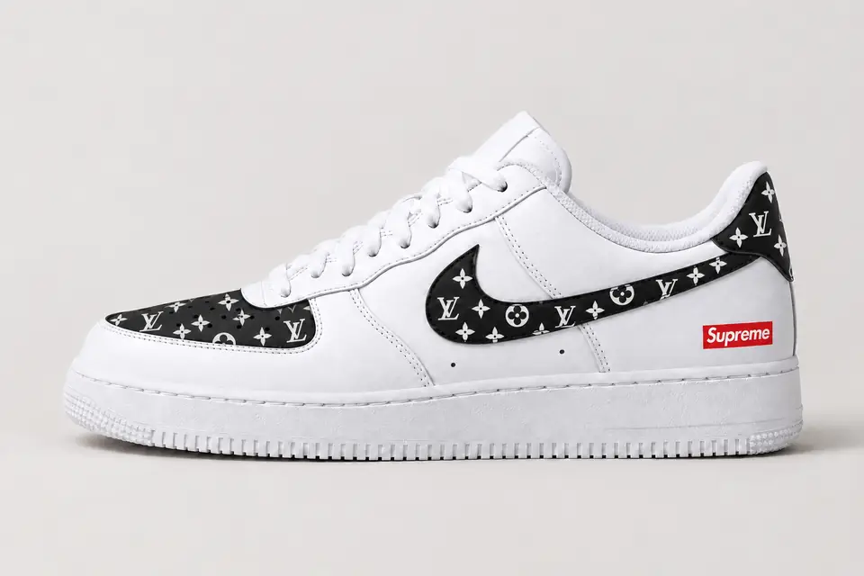Air Force Louis Vuitton Supreme coloris noir et blanc, vue de profil