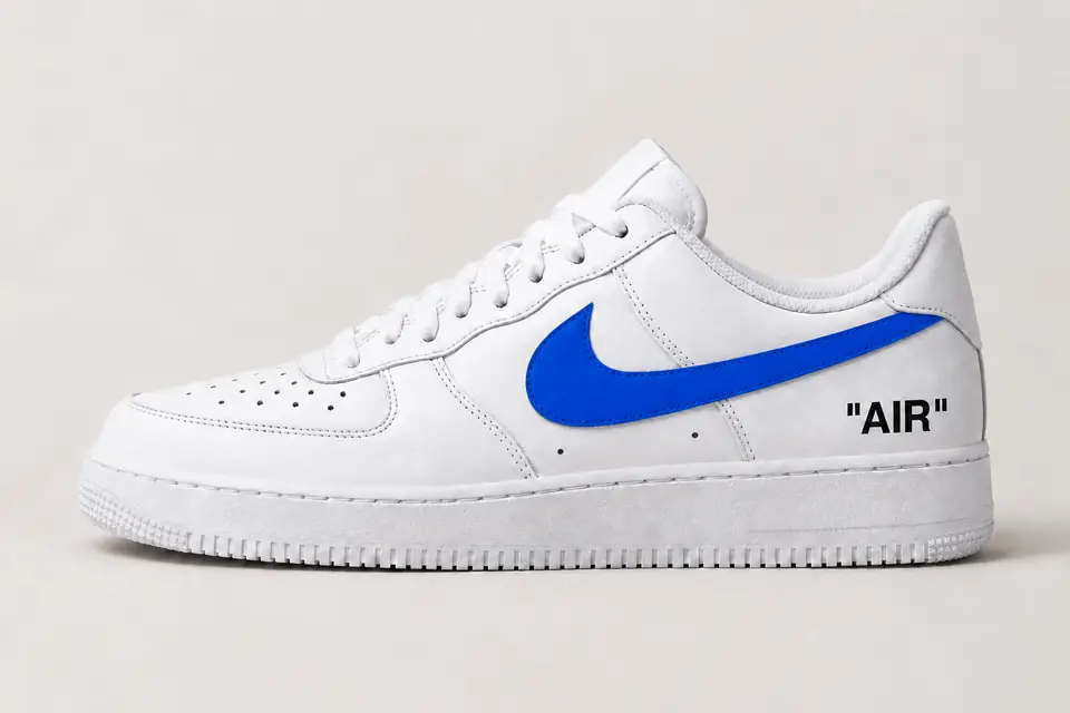 Air Force Off-White Jaune Swoosh Peint coloris bleu, vue de profil