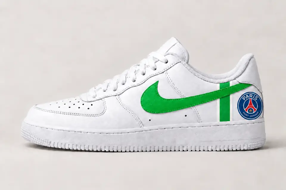 Air Force One PSG coloris blanc et vert, vue de profil