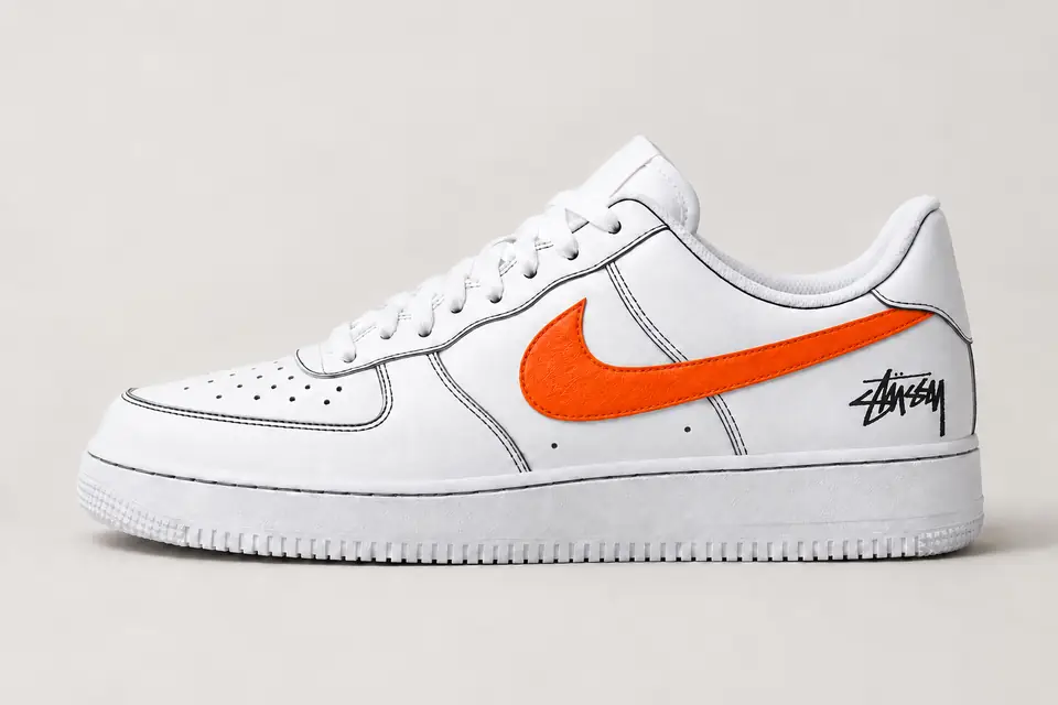 Air Force Stüssy Noir Contour coloris blanc et orange, vue de profil