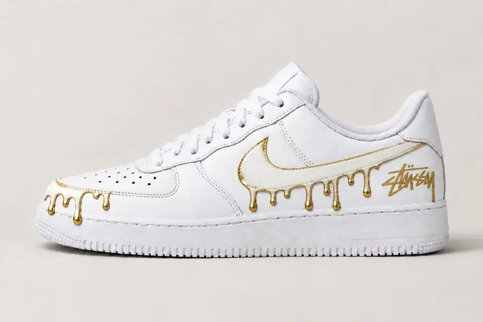 Air Force Stüssy Noir Drip coloris blanc et or, vue de profil