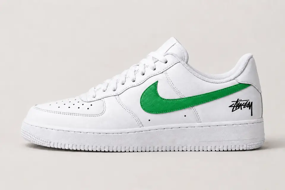 Air Force Stüssy Noir Minimal coloris blanc et vert, vue de profil