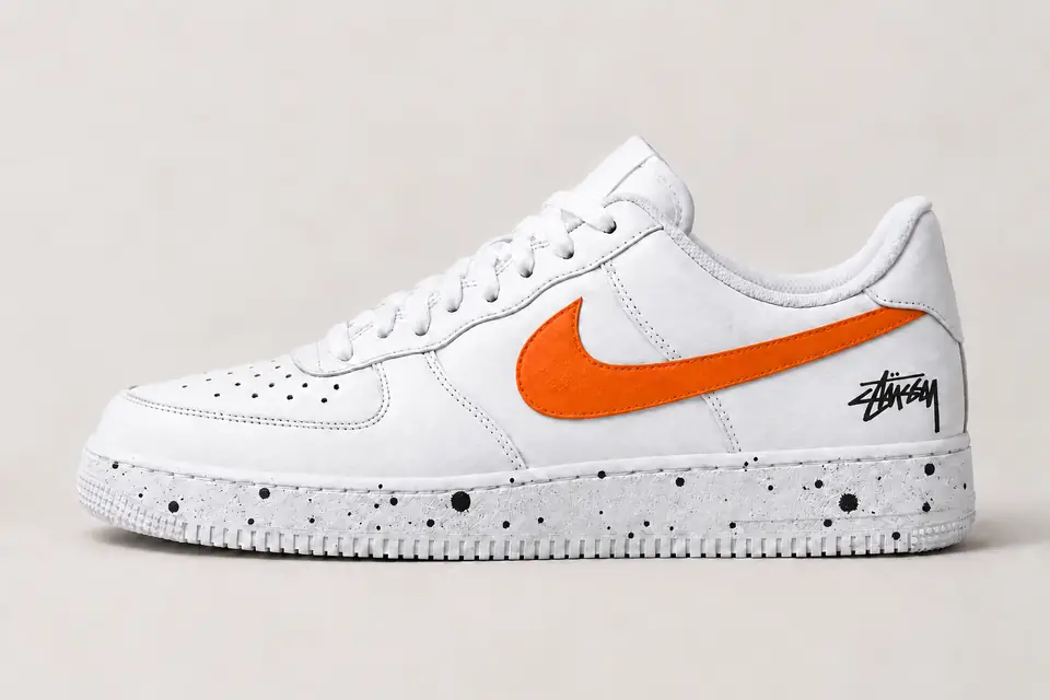 Air Force Stüssy Noir Splash coloris blanc et orange, vue de profil