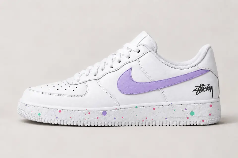 Air Force Stüssy Noir Splash coloris pastel et rose, vue de profil