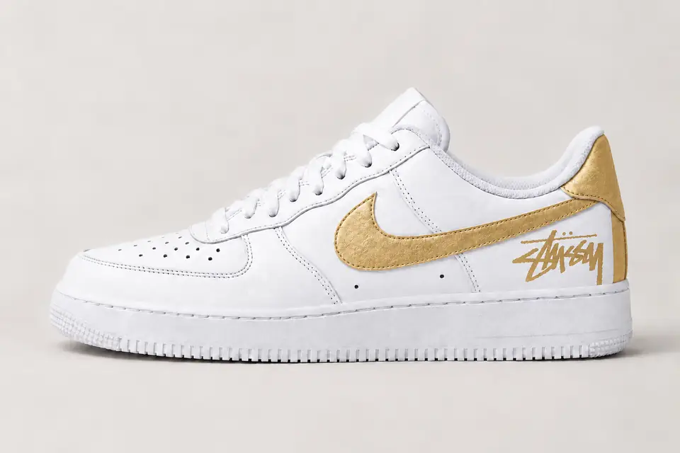 Air Force Stüssy Noir Talon Peint coloris blanc et or, vue de profil