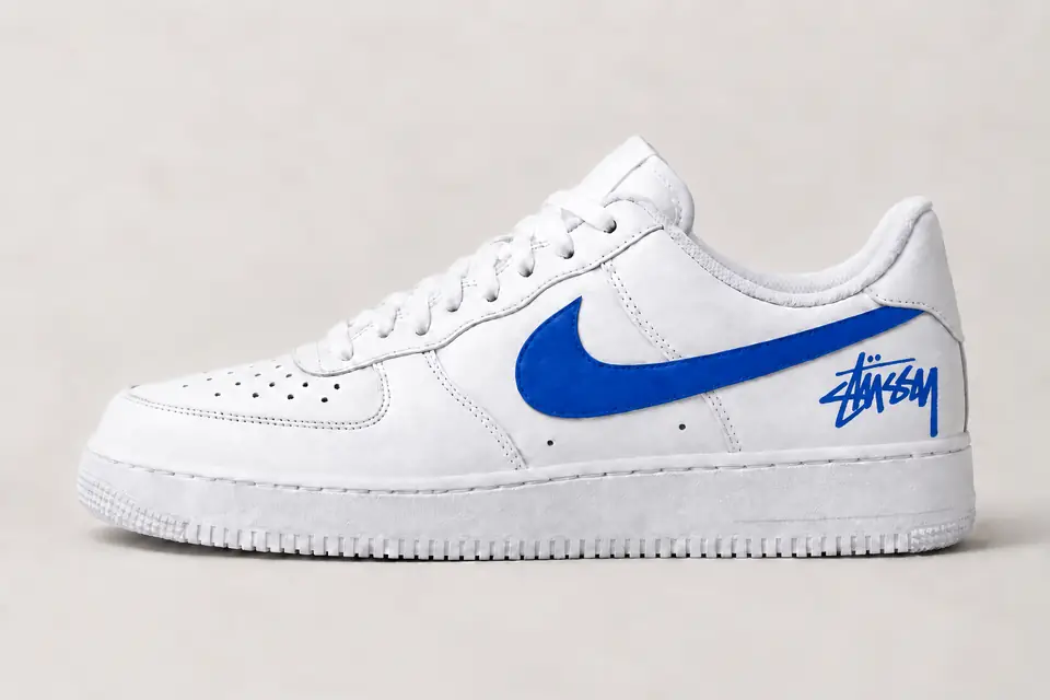 Air Force Stüssy Swoosh Peint coloris bleu, vue de profil