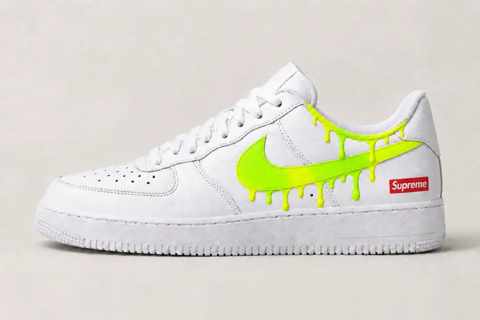 Air Force Supreme Noir Drip 2 coloris fluo et jaune, vue de profil