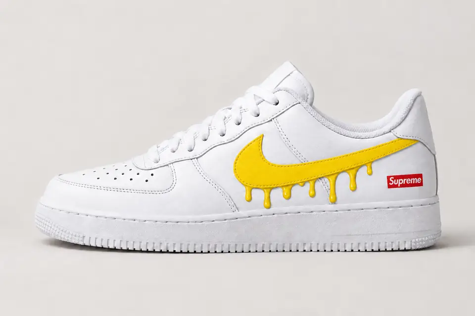 Air Force Supreme Noir Drip coloris jaune, vue de profil
