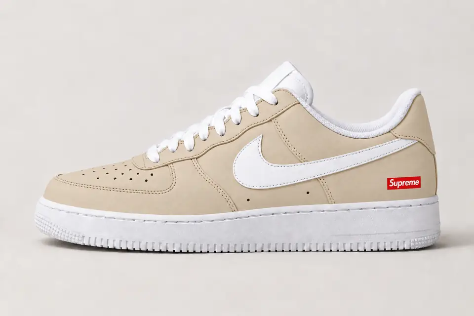 Air Force Supreme Noir Full Upper coloris beige et blanc, vue de profil
