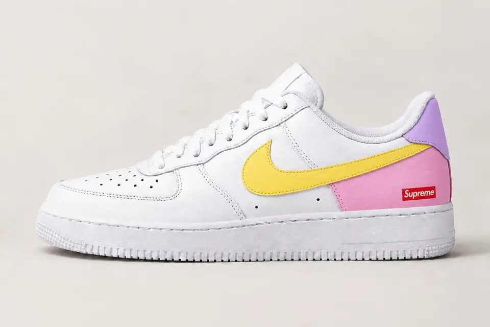 Air Force Supreme Noir Patchwork 2 coloris jaune et pastel, vue de profil