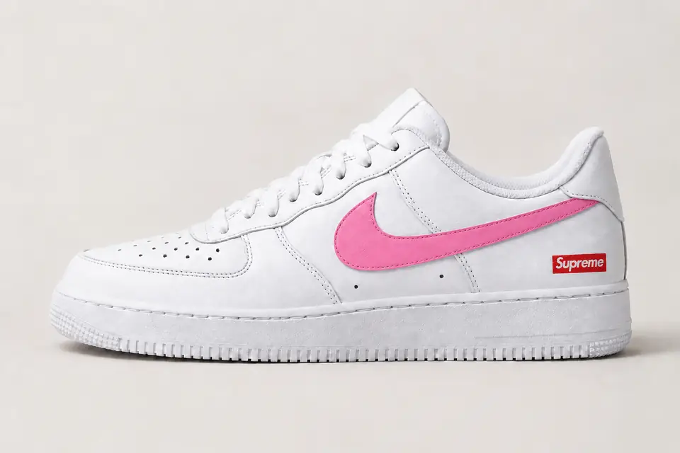 Air Force Supreme Noir Swoosh Peint 2 coloris blanc et rose, vue de profil