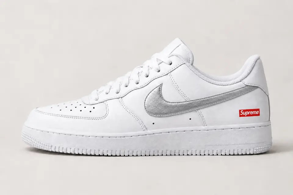 Air Force Supreme Noir Swoosh Peint coloris argent, vue de profil