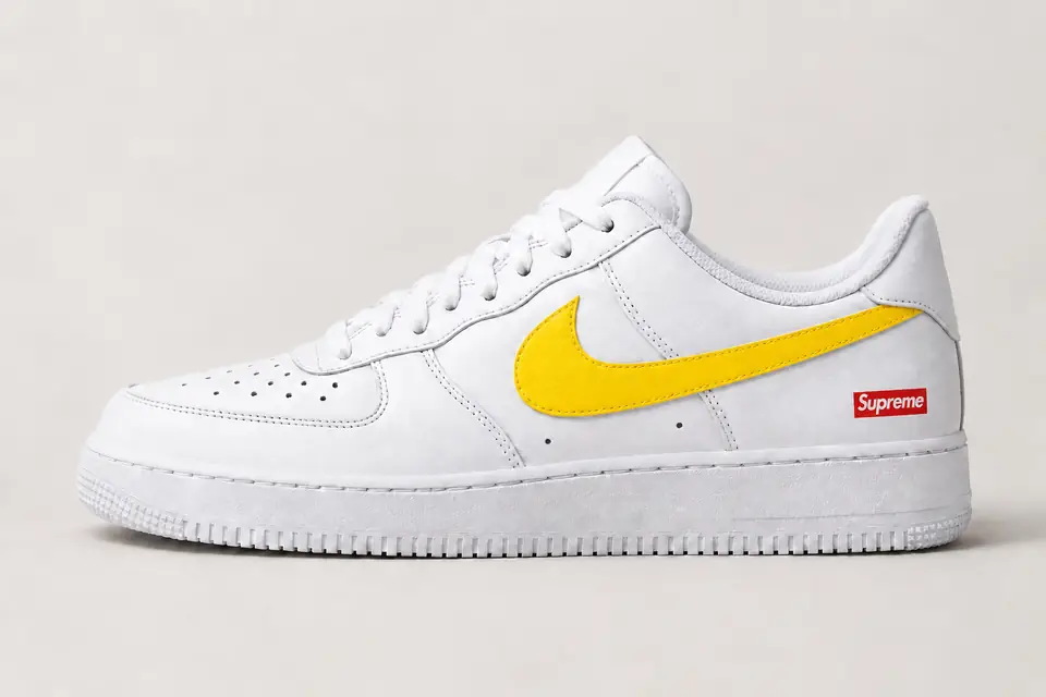 Air Force Supreme Noir Swoosh Peint coloris jaune, vue de profil