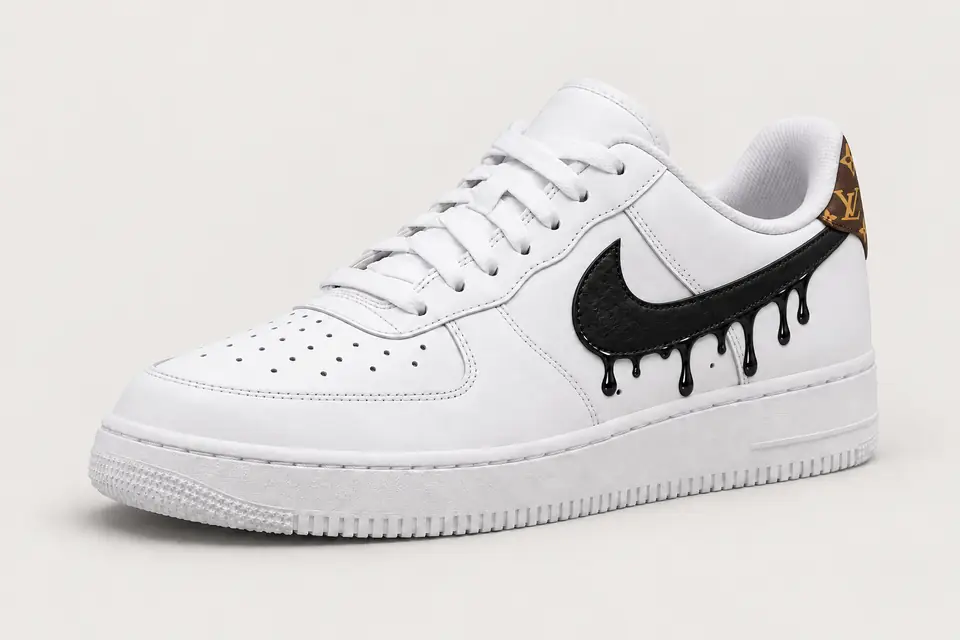 Custom Air Force 1 Louis Vuitton Drip coloris noir, vue de trois quarts